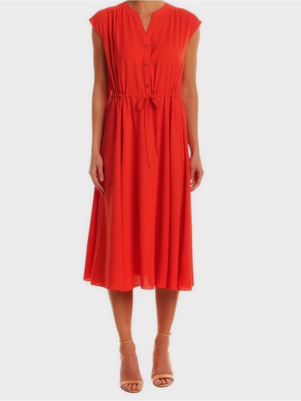 Anne Klein Small Red Split Neck Drawstring Midi Dress With Cap Sleeves